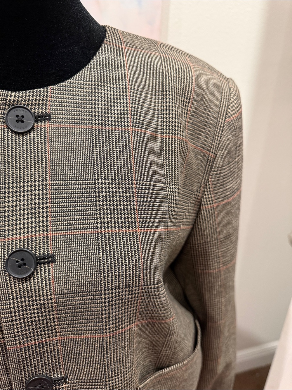 Frame Denim Plaid Collarless Blazer in Brown and Black Checks - Picture 4 of 16